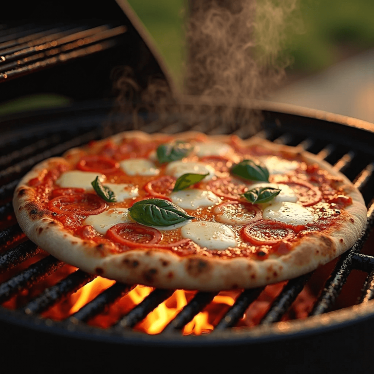 Pizza on the Grill With mozzarella, fresh tomatoes, and basil on a flaming BBQ grill