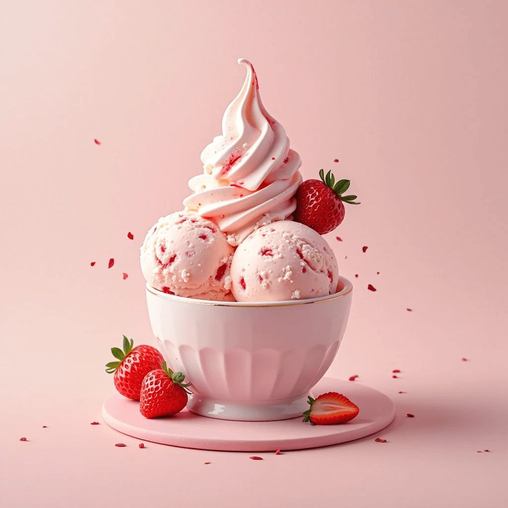 Homemade strawberry shortcake ice cream in a pastel setting, served in a vintage-style bowl.