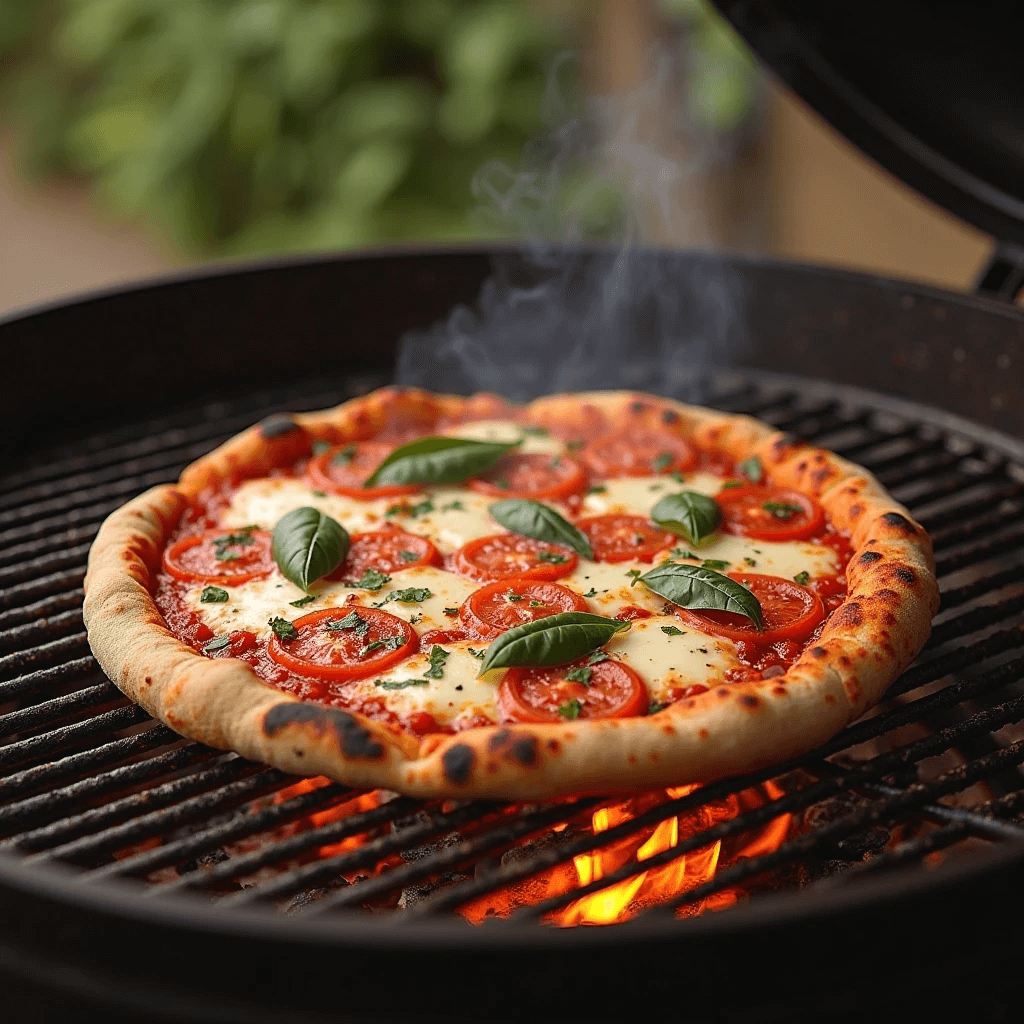 Homemade MargheritaPizza on the Grill over flames on an outdoor BBQ