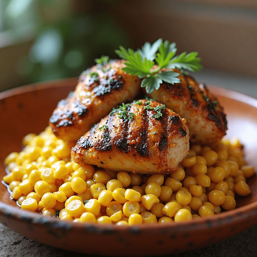 Street Corn Chicken Bowl with grilled chicken, charred corn, creamy dressing, and a burst of lime.