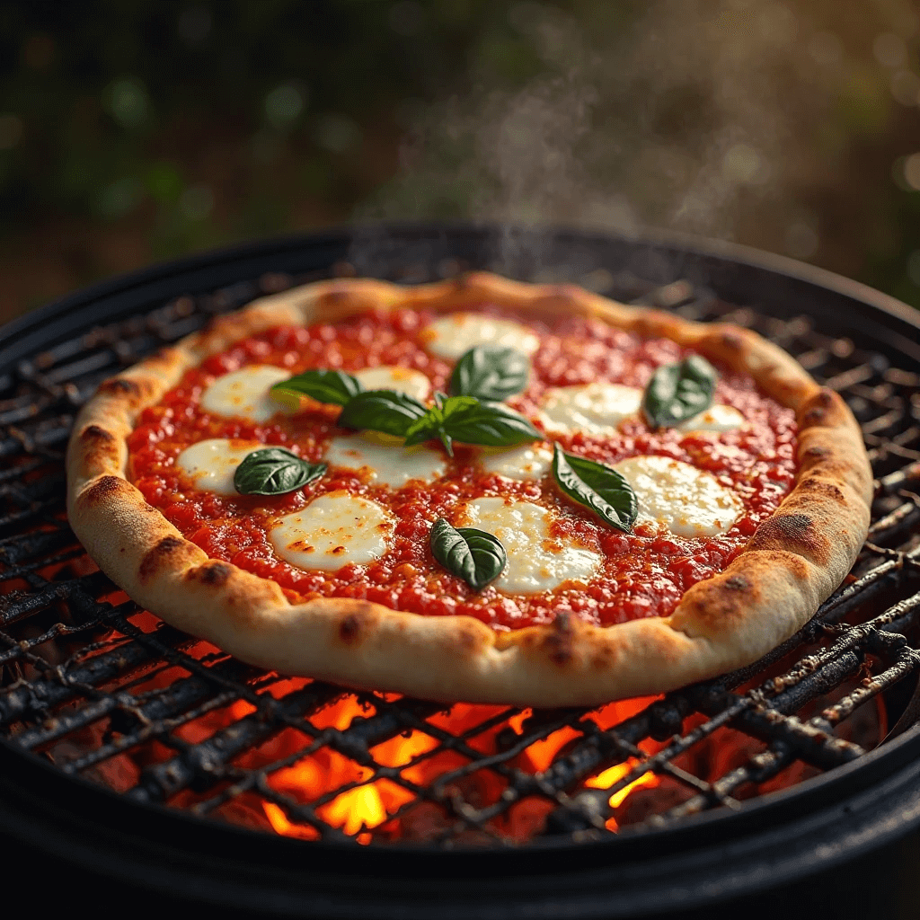 Outdoor pizza grilling with melty cheese, tomato slices, and fresh herbs
