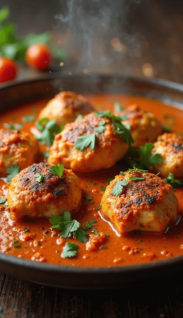 Spicy chicken tikka masala meatballs served in rich tomato curry garnished with fresh cilantro.