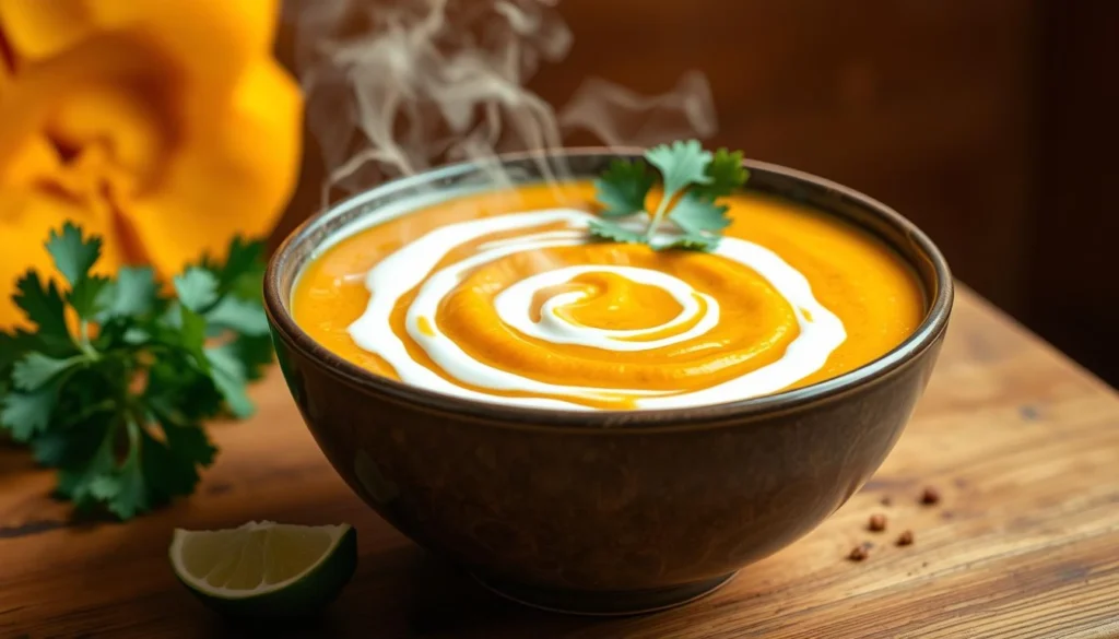 Hot and creamy butternut squash soup swirled with cream, garnished with fresh parsley, served in a rustic bowl.