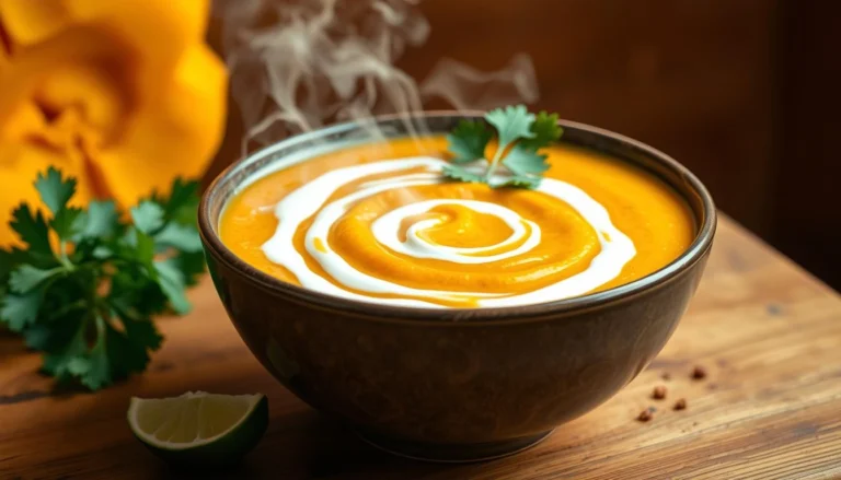 Hot and creamy butternut squash soup swirled with cream, garnished with fresh parsley, served in a rustic bowl.