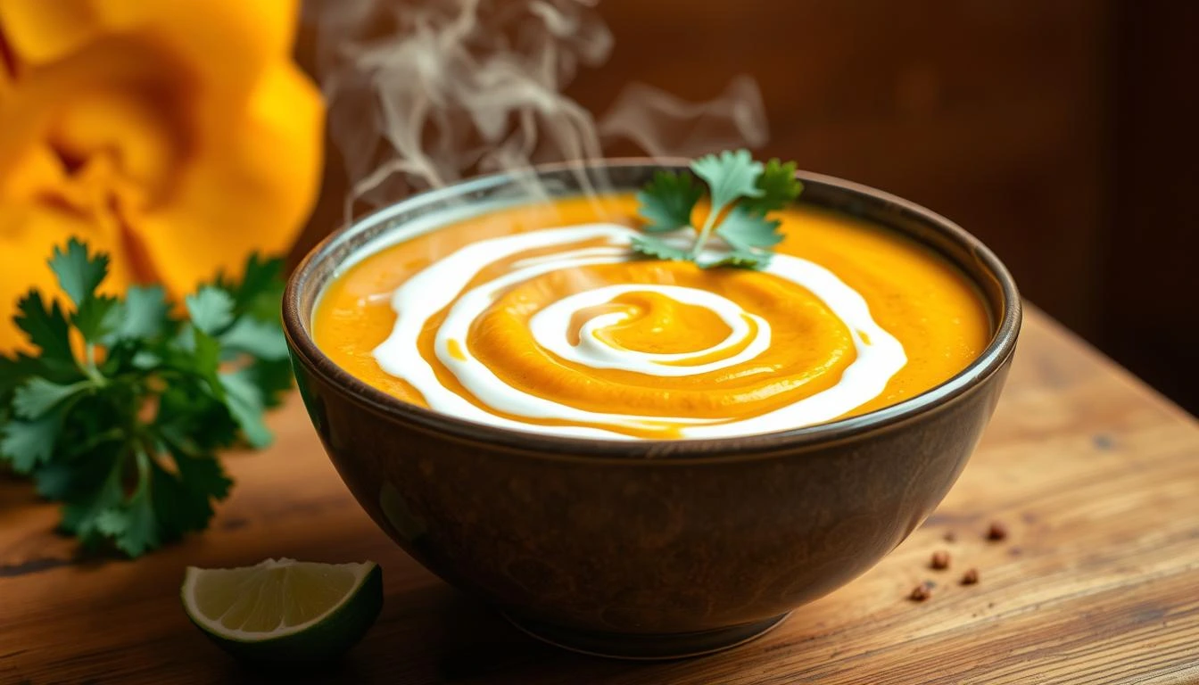 Hot and creamy butternut squash soup swirled with cream, garnished with fresh parsley, served in a rustic bowl.