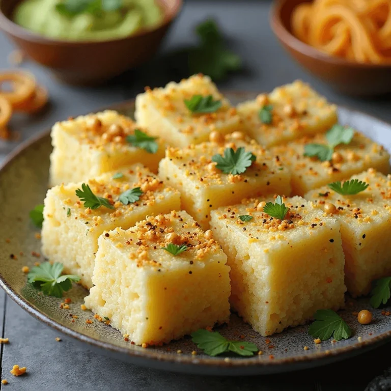 A close-up of soft, spongy Gujarati dhokla squares garnished with mustard seeds, fresh coriander, and sev, arranged on a plate with bowls of chutney in the background.