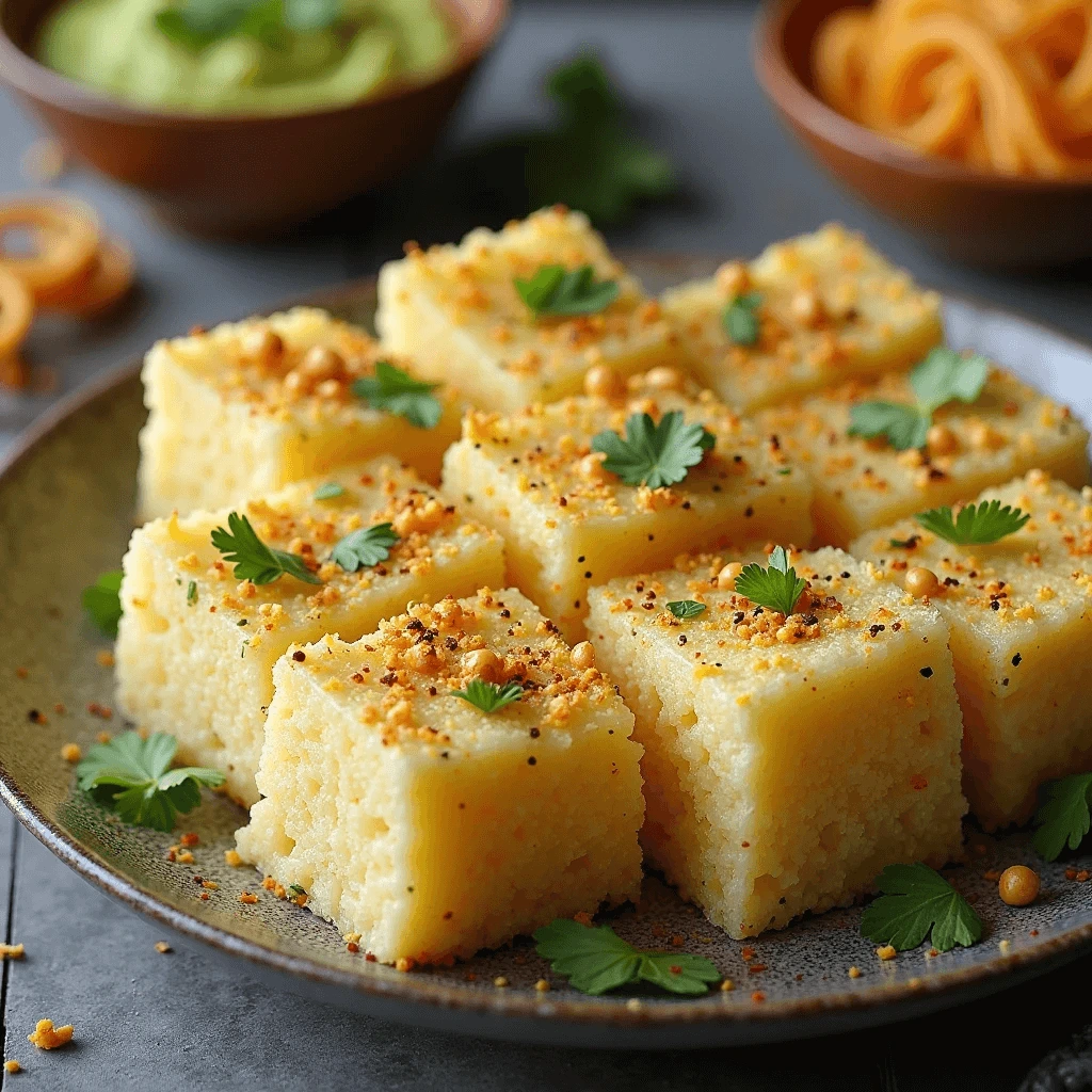 A close-up of soft, spongy Gujarati dhokla squares garnished with mustard seeds, fresh coriander, and sev, arranged on a plate with bowls of chutney in the background.