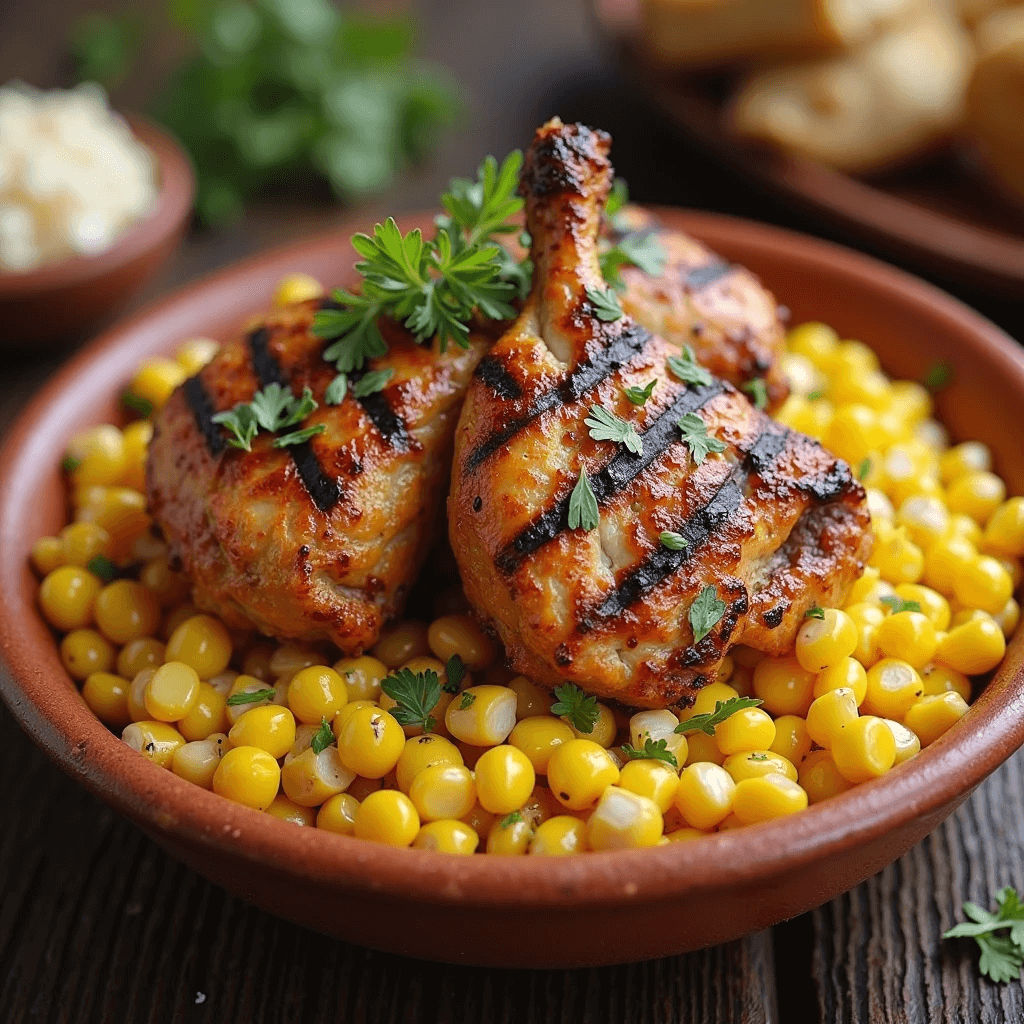 Street Corn Chicken Bowl with grilled chicken, zesty street corn, creamy sauce, and fresh lime wedges.