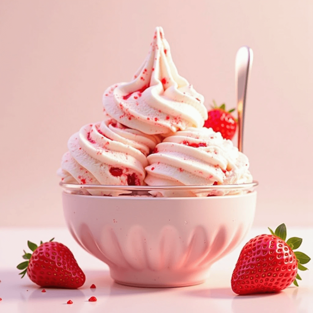 Creamy strawberry shortcake ice cream swirled with real strawberry pieces in a pastel pink bowl, surrounded by fresh strawberries.