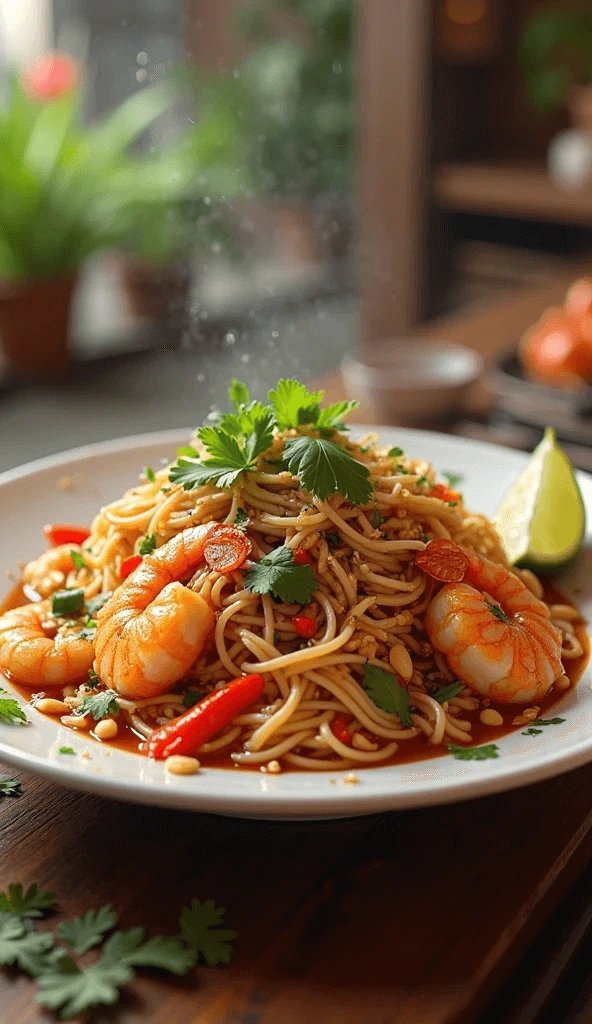 A plate of authentic Pad Thai noodles with shrimp, garnished with cilantro, chili, and lime, served hot on a wooden table.