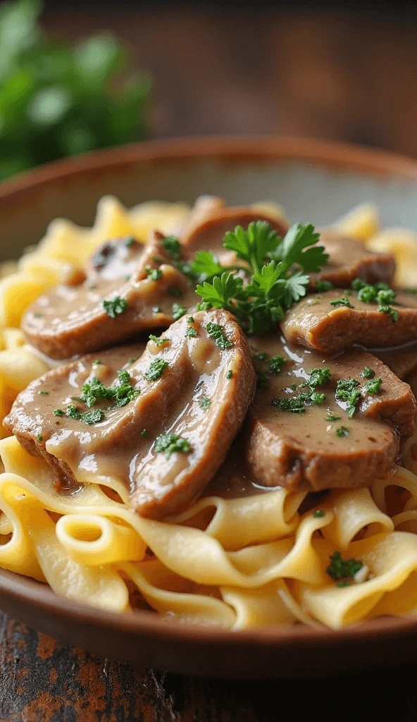 Rich beef stroganoff with mushrooms and noodles garnished with chopped parsley.
