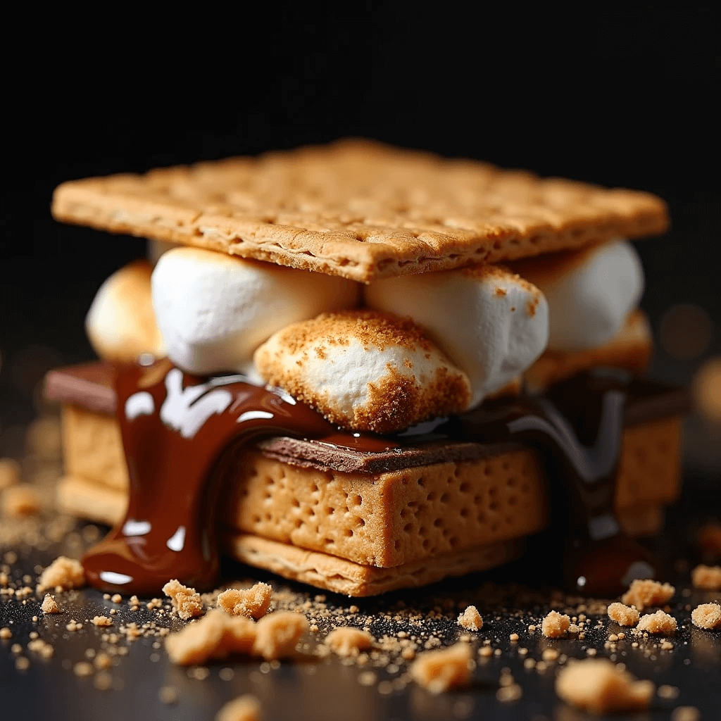 A deliciously messy air fryer s’mores with rich melted chocolate dripping onto a plate, surrounded by cracker crumbs.
