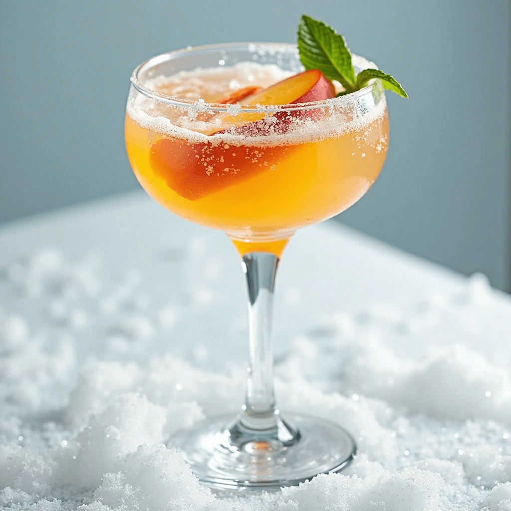 Frozen Georgia Peach Spritz served in a glass with crushed ice, peach slices, and sugar crystals on a wooden table.