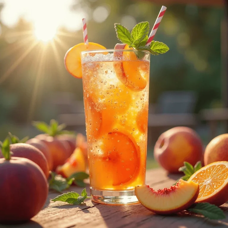 A refreshing glass of Peach Sangria with sliced peaches, citrus fruits, and ice, perfect for summer parties.