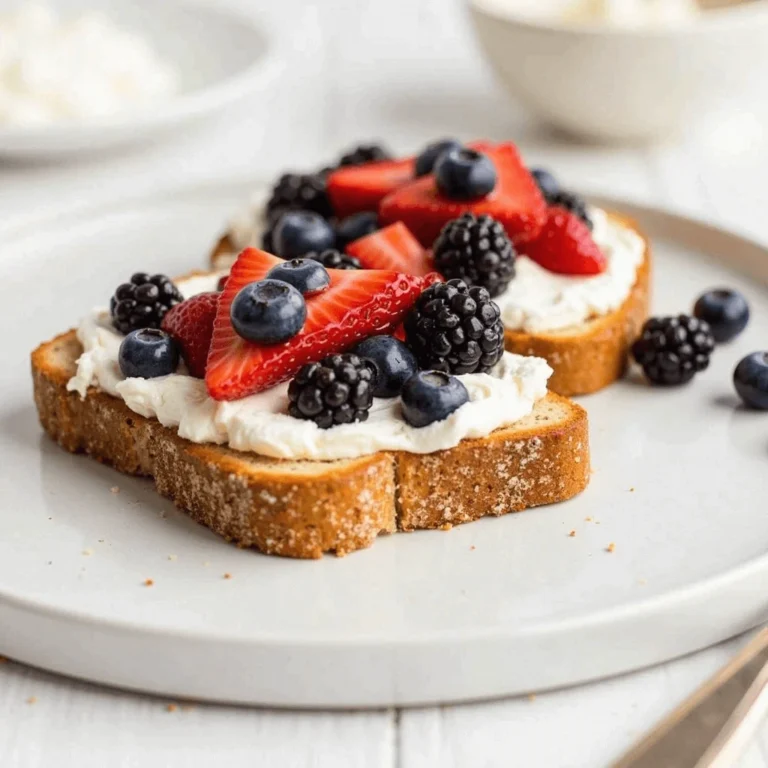 Crispy toast layered with whipped cottage cheese, blueberries, and honey drizzle.