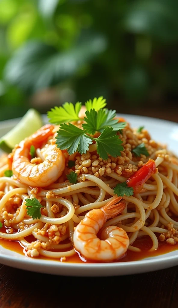Hot Pad Thai noodles served with prawns, red chili, and lime wedge on a rustic wooden table.