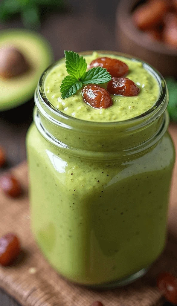 Healthy Moroccan smoothie made with avocado and dates, topped with crushed nuts and mint sprig, served in a glass mason jar.