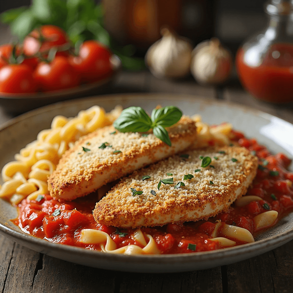 Delicious homemade Garlic Chicken Parmesan with a thick, cheesy sauce and fresh herbs.