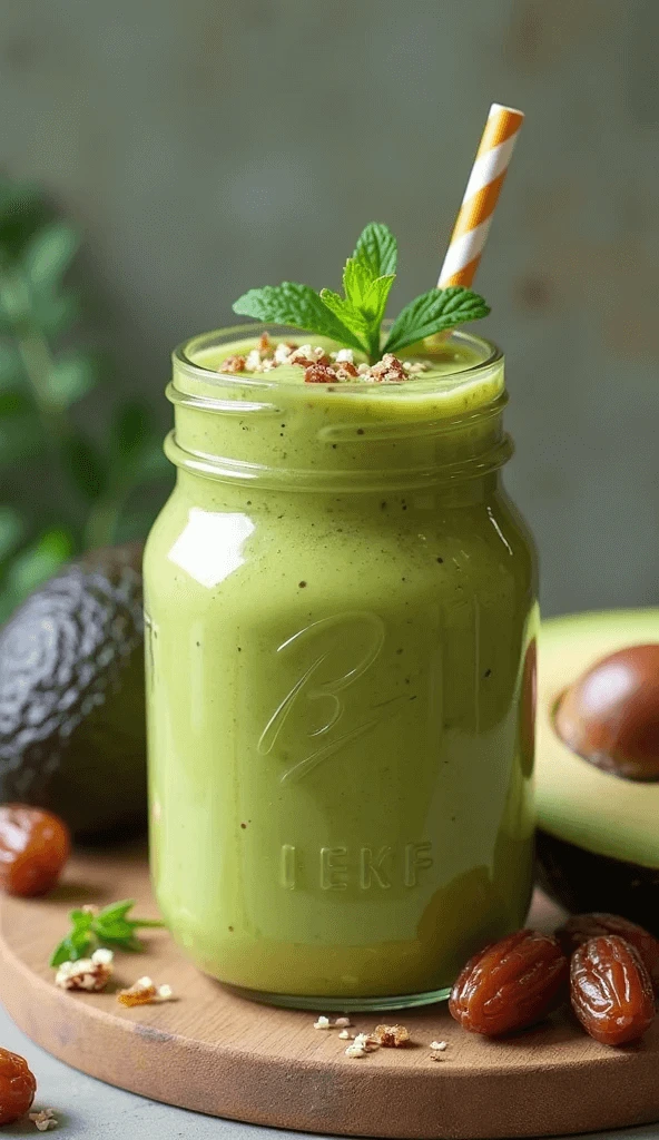 Close-up of traditional Avocado & Date Smoothie, garnished with mint leaves and chopped almonds in a clear glass.