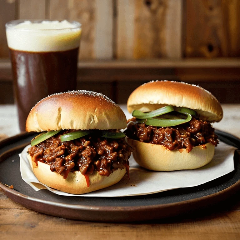 Pioneer Woman Sloppy Joes recipe – juicy ground beef with onions, peppers, and tangy tomato sauce on a toasted bun, topped with a pickle.