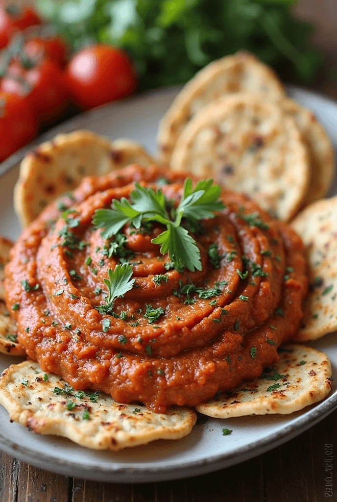 Zaalouk dip made with eggplant and tomato, garnished with fresh herbs in a rustic Moroccan bowl.