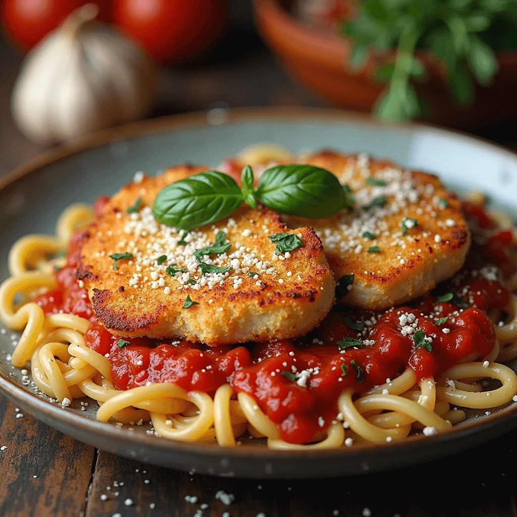 Golden, pan-seared chicken smothered in a creamy garlic Parmesan sauce, served with pasta.