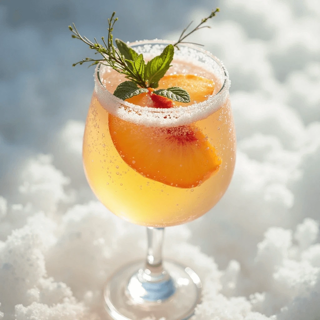 Peach spritz cocktail with ice and peach wedges served in a frosted glass surrounded by fresh peaches and sugar.