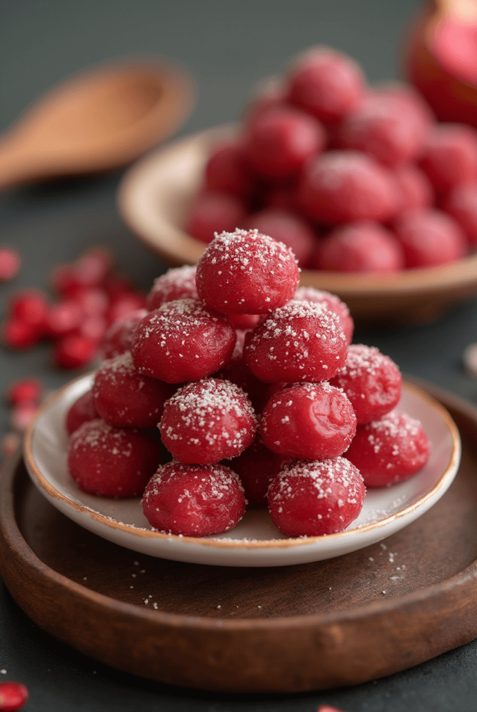 Colorful pomegranate snack served on a white plate, inspired by Persian lavashak.
