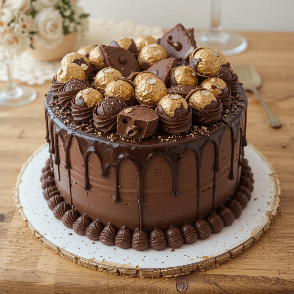 A luxurious Ferrero Rocher-inspired chocolate cake with a smooth chocolate ganache, decorated with crushed hazelnuts, sitting on a golden cake board with a slice removed.