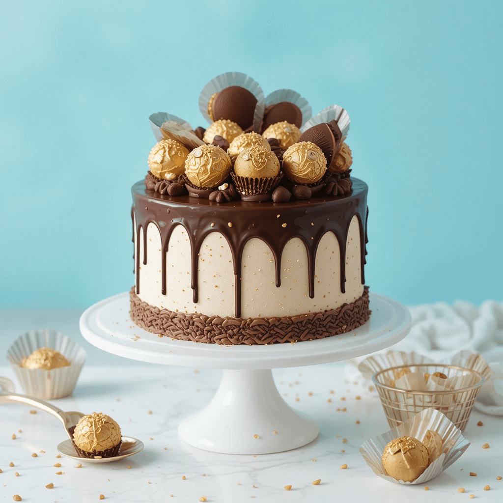 A beautifully crafted Ferrero Rocher cake with a shiny chocolate glaze, garnished with toasted hazelnuts, presented elegantly on a white background.