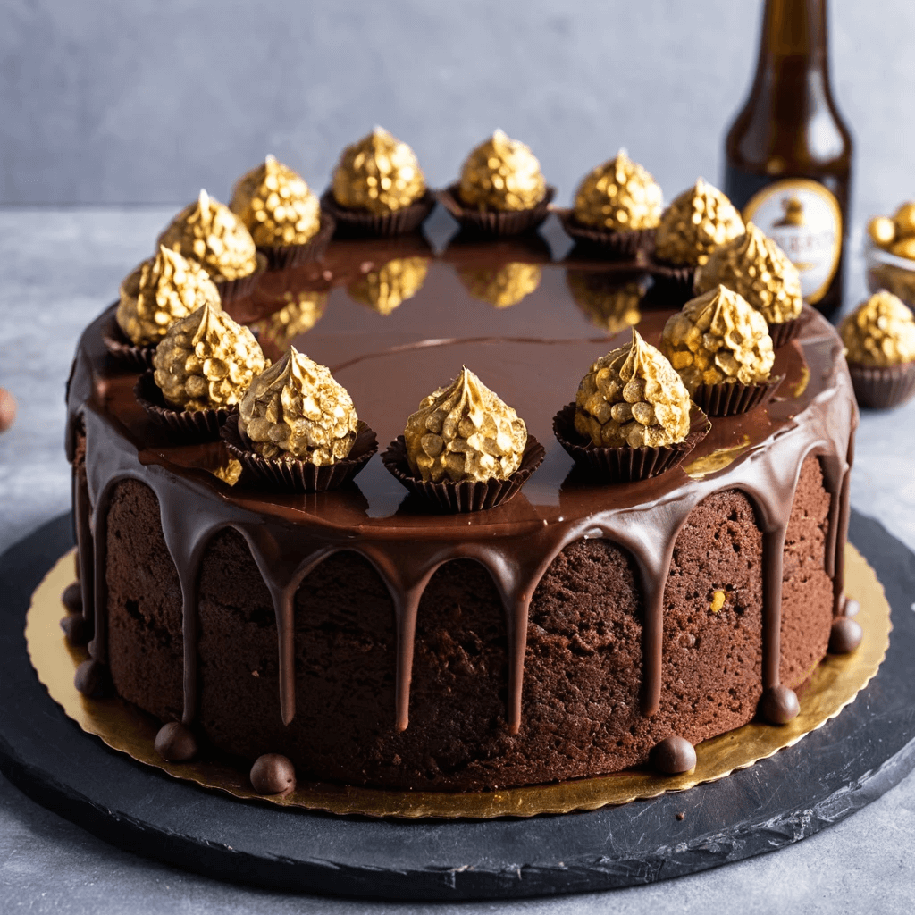 A rich and moist Ferrero Rocher Dessert inspired chocolate cake, coated in velvety chocolate ganache and sprinkled with finely chopped hazelnuts for added crunch.