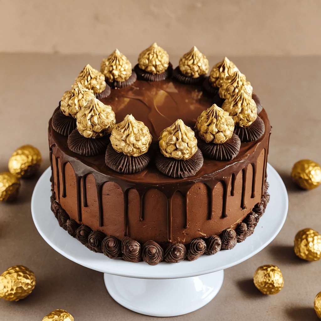 A luscious Ferrero Rocher chocolate cake with a rich ganache glaze, adorned with crushed hazelnuts and served on a golden cake board, with one slice removed.