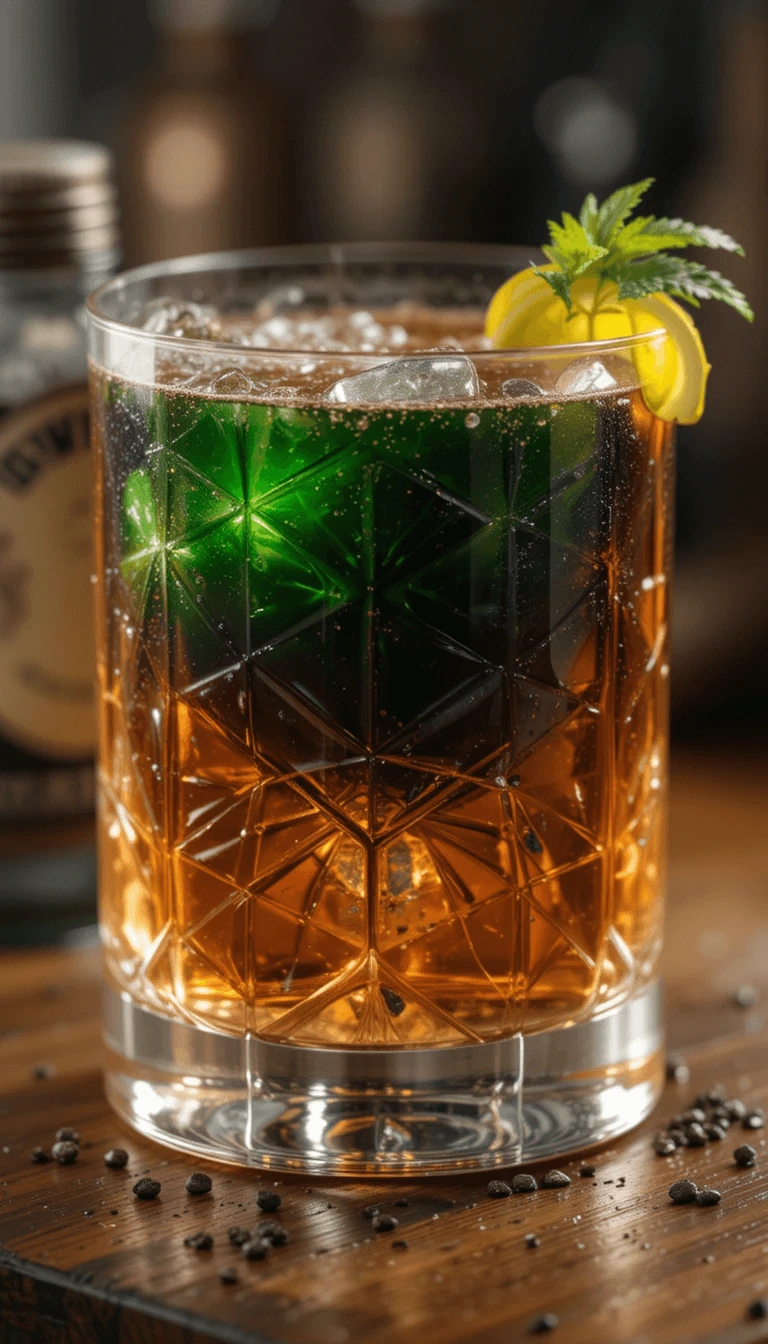Jägerbomb cocktail served in a textured glass with green and amber layers, garnished with lemon peel and mint.