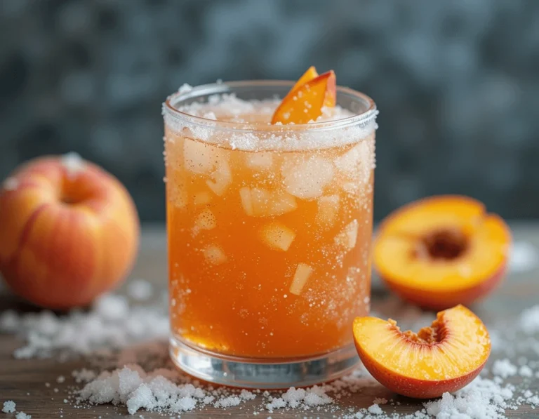 Refreshing iced peach drink with crushed ice, garnished with fresh peach slices, surrounded by sugar crystals and ripe peaches.