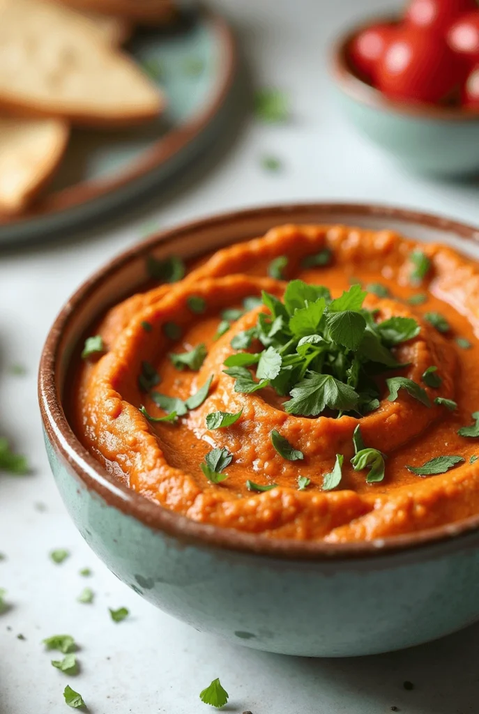 Creamy Moroccan zaalouk eggplant and tomato dip topped with parsley and served with bread.