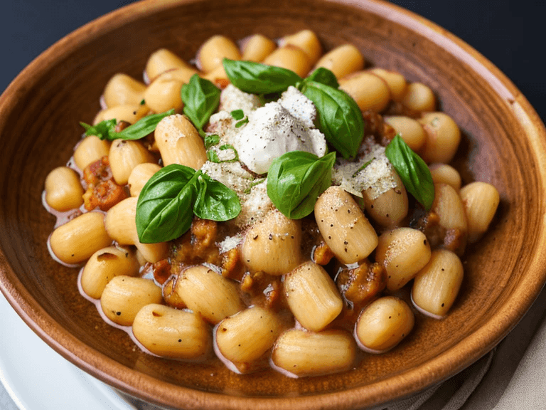 Gnocchi with meat sauce, basil leaves, and cheese garnish served in rustic dishware.
