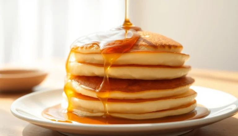A stack of Japanese Soufflé Pancakes topped with maple syrup being poured over them on a white plate.