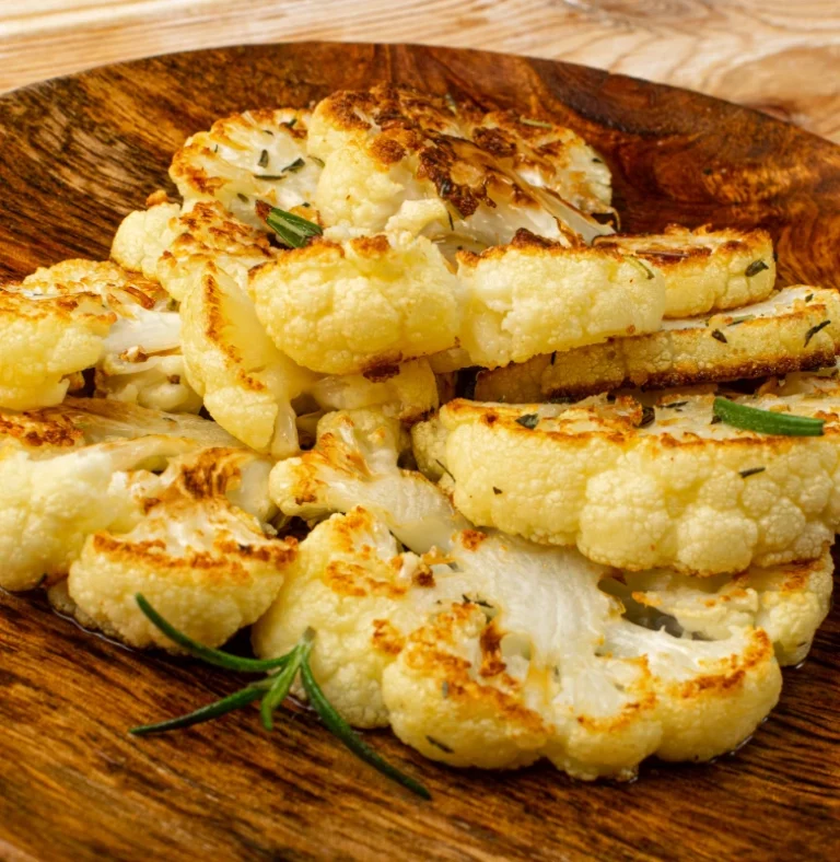 Grilled cauliflower steak garnished with chopped herbs on a black plate.