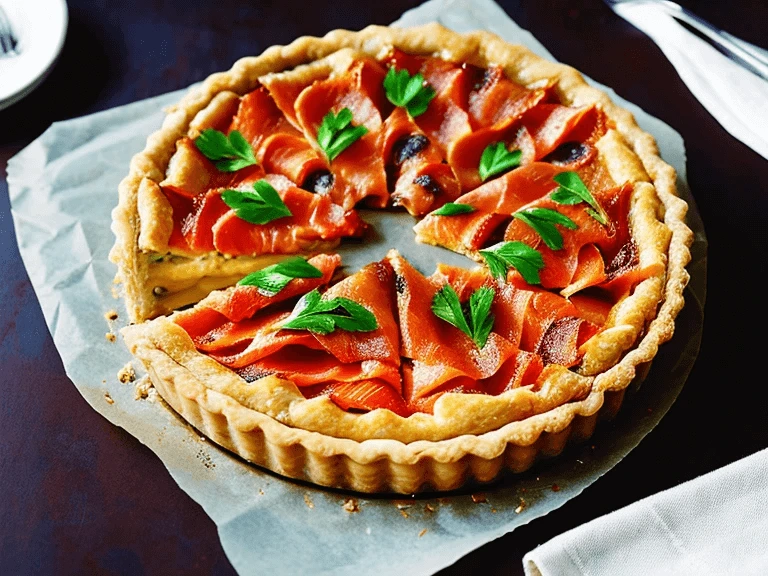 Bagel and smoked salmon tart with herbs and olives on a plate