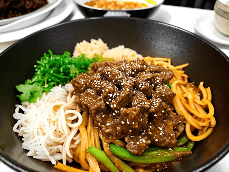 Colorful ground beef bowl with rice, gochujang beef, green beans, and sesame topping.