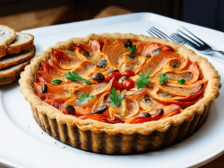 Gourmet tart with smoked salmon, bagel crust, and parsley