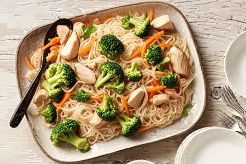 Gluten-free Chicken & Broccoli Rice Noodle Stir Fry served with fresh herbs and peanuts.