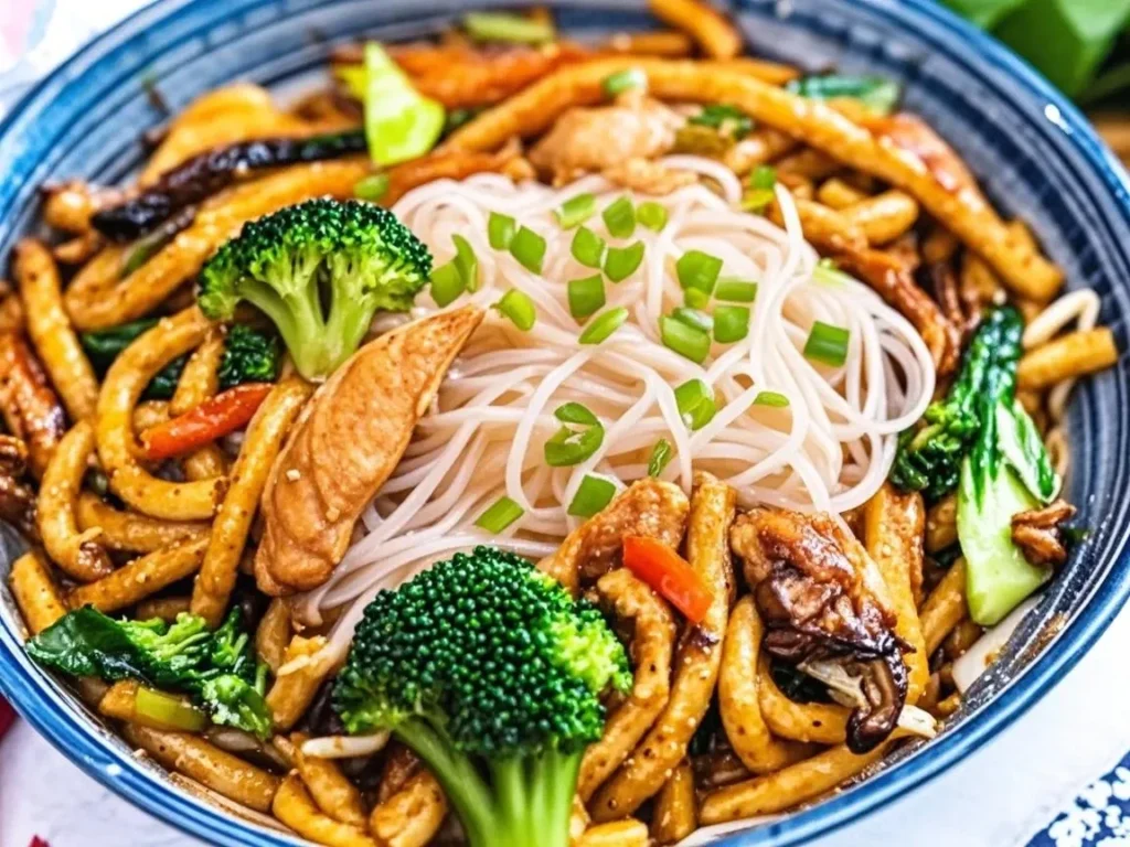 Healthy Chicken & Broccoli Stir Fry with rice noodles and colorful vegetables.