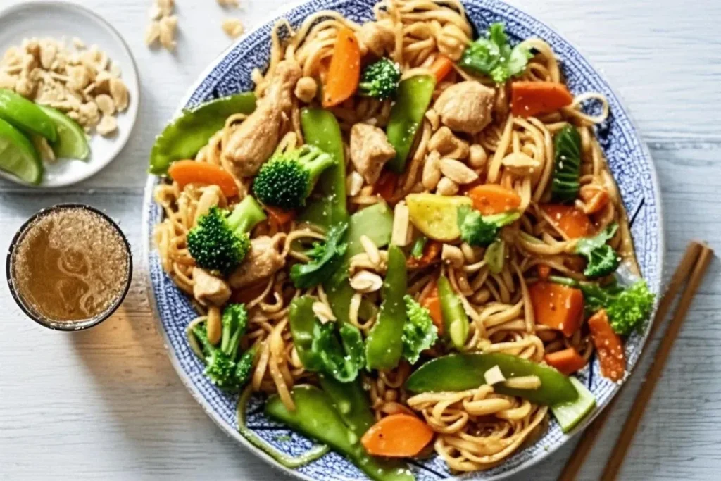 Stir-fried rice noodles with chicken, broccoli, snap peas, and carrots on a decorative plate.