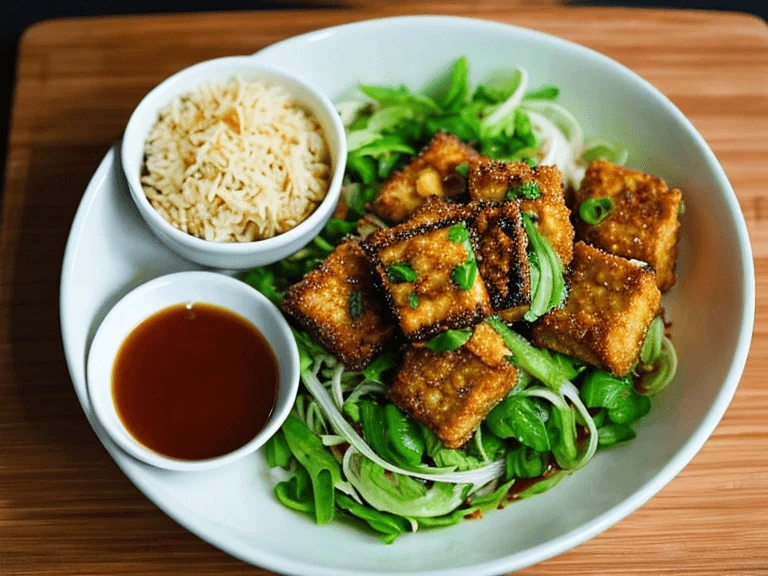 Crispy Maple Garlic Tofu cubes and cutlets served over rice and fresh greens.