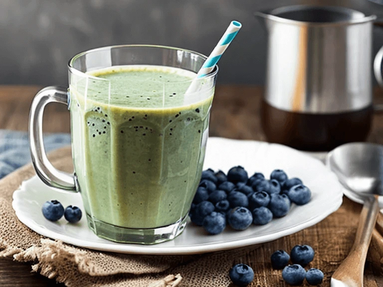 Low-calorie blueberry smoothie in a glass, surrounded by fresh fruit on a wooden breakfast tray.