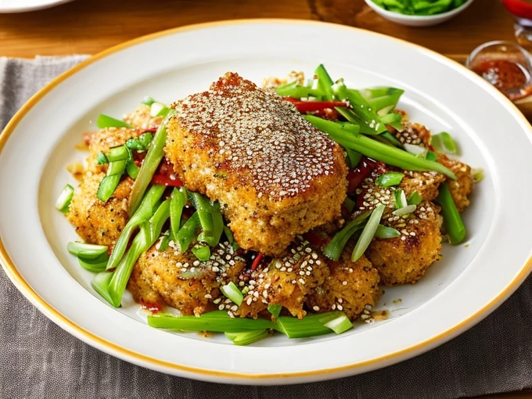 Close-up of crispy chicken bites with cheesy pasta and chopped parsley.