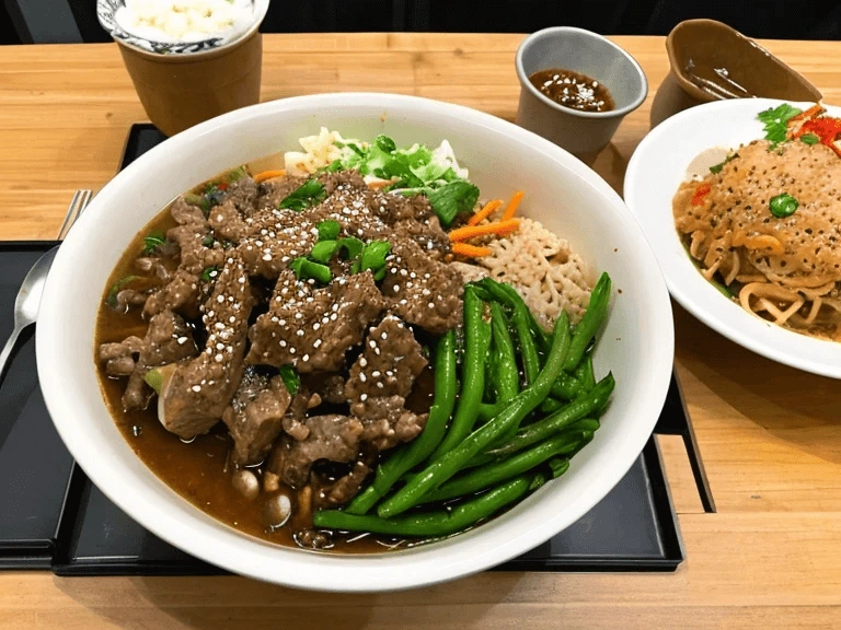 Korean ground beef bowl with green beans, shredded vegetables, and sesame seeds served in a white bowl.