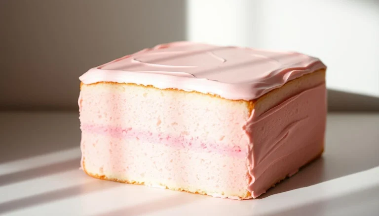 A slice of traditional Tottenham Cake with pink icing and light sponge layers.