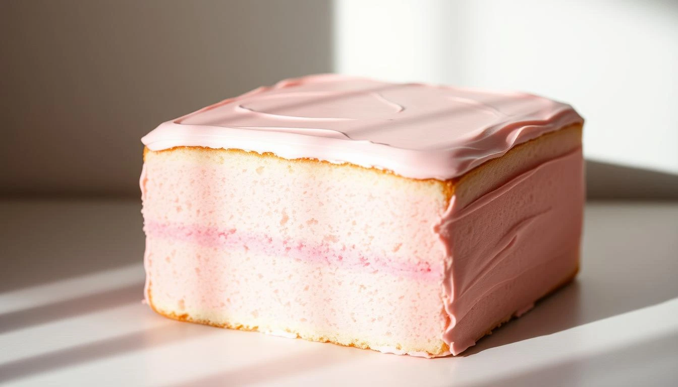 A slice of traditional Tottenham Cake with pink icing and light sponge layers.